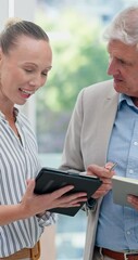 Leinwandbilder - Tablet, notebook and reading with business people in office for schedule, teamwork and calendar. Meeting appointment, support and brainstorming with employees for research, discussion and report