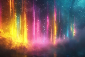 Wall Mural - vibrant neon light beams in misty atmosphere creating a futuristic and magical abstract background