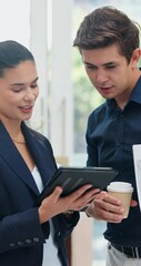Fototapete - Teamwork, tablet and review with business people in office for research, discussion or feedback. Brainstorming, project update and planning with employees for digital report, progress and partnership