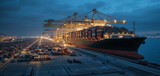 Nighttime view of a large container ship docked at a busy illuminated shipping port with rows of stacked containers and cranes