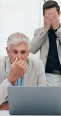 Leinwandbilder - Meeting, bad news and business people on laptop in office for financial crisis, investment and trading fail. Stress, corporate and men on computer upset, frustrated and disappointed for stock market