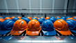 © good-J - Safety First: Row of Orange, blue Hard Hats