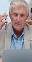 Aufkleber - Business man, hands and stress with chaos for multitasking, deadline pressure and workload crisis. CEO, mature person and anxiety for busy employees with phone call, documents or poor time management