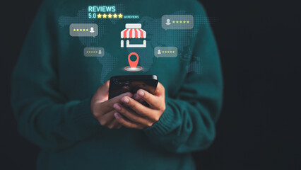 Poster - Female customer using a smartphone to check local business reviews and ratings, with location and star feedback icons. Digital marketing, local SEO, and consumer experience in online business reviews.