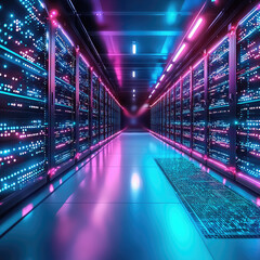 Leinwandbilder - Futuristic data center corridor with glowing blue and pink lights, high speed cloud server racks, and modern technology ambiance