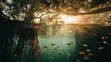 Wall Mural - underwater view of tree roots and fish with sunlight shining through water.