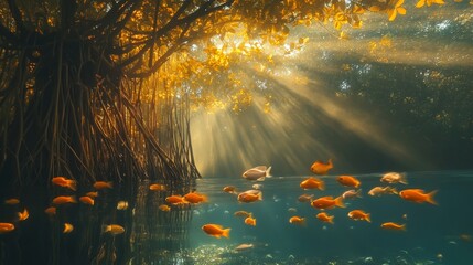 Wall Mural - tree with golden leaves and sun rays shining through the branches over water.