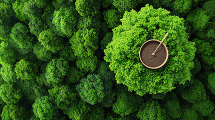 Poster - Aerial view of lush green forest with large spoon filled with soil placed on top of tree, symbolizing environmental care and sustainability