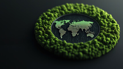 Poster - Digital world map is displayed on circular screen surrounded by lush green foliage, symbolizing global environmental awareness and technology integration