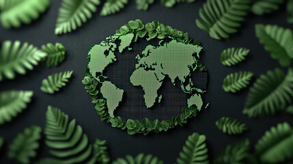 Poster - Digital representation of world map is creatively formed with green leaves, symbolizing global environmental awareness and sustainability. dark background enhances vibrant green foliage