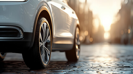 Poster - Sleek electric car parked on cobblestone street at sunset, highlighting its modern design and eco friendly technology. warm glow of sun enhances vehicle elegant curves