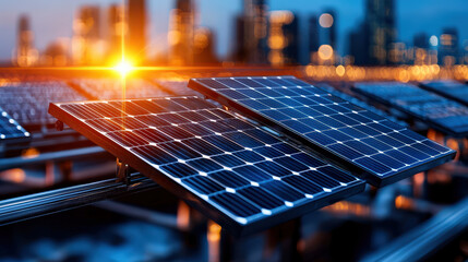 Leinwandbilder - Solar panels on rooftop harness sunlight for renewable energy, with city skyline in background at sunset, symbolizing sustainability and climate change solutions