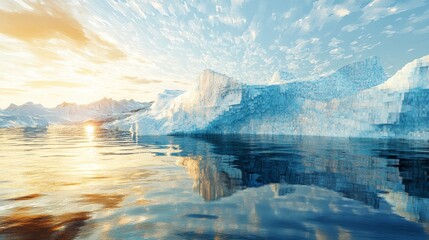 Wall Mural - Icebergs float on water surface reflecting the sky during sunset or sunrise.