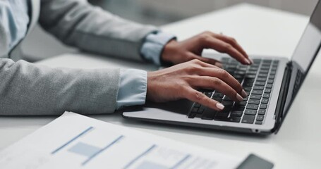 Poster - Typing, documents and hands of person on laptop for planning, checklist and online report. Keyboard, corporate and office worker on computer for research with paperwork for proposal schedule
