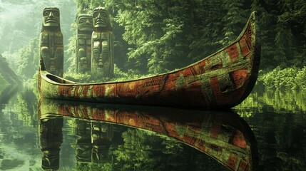 Wall Mural - canoe on water with totem poles in background surrounded by green trees.