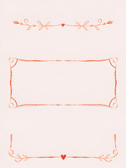 Set of elegant whimsical hand-drawn frames in trendy vintage styles. Simple red chalk hand drawn borders. Rectangle horizontal shape
