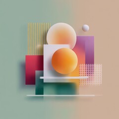 Poster - Abstract Geometric Composition with Pastel Tones, Featuring Spheres, Squares, and Textural Elements in 3D Render Style