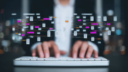 Wall Mural - data stream typist: focused and blurred in the background, a pair of hands hovers over a keyboard, t