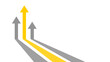 © MAHIJO - A yellow arrow leads in front of two gray arrows, all pointing upward from the bottom left on a white background. Competition and leadership concept.