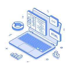 Wall Mural - programming coding soft web development computer engineering minimalist isometric vector illustratio