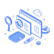 © provectors - Business analyzing information statistic internet browser technology minimalist isometric vector illustration. Analytics and monitoring brainstorming diagram management marketing optimization