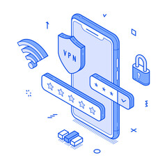Wall Mural - vpn network security smartphone application user privacy minimalist isometric vector illustration. m