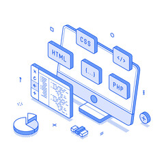 Wall Mural - programming coding testing computer software script development minimalist isometric vector illustra
