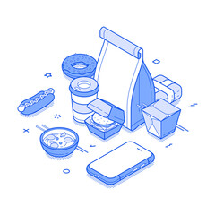 Wall Mural - food delivery service order menu smartphone application minimalist isometric vector illustration. me