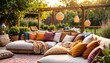 © Innovative - elegant bohemian outdoor lounge with colorful pillows on sofa