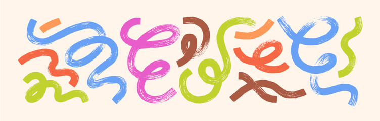 Fototapete - Abstract swirls, brushstrokes in doodle style. Curvy wavy shapes, spiral paint brush strokes, design elements set. Drawn textured curves, curls. Flat vector illustration isolated on white background.
