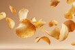 © Di - Vibrant close-up of freshly opened potato chips bag with golden crispy slices floating dynamically in mid-air against sleek black background, advertising, commercial food photography concept
