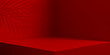 © Buch&Bee - 3D red corner wall room with palm shadow and podium, vector studio background. Realistic empty red room interior with palm leaf shadow on wall for product display podium or showcase background