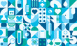 © Buch&Bee - Healthcare medicine geometric pattern. Vector modular tile background with pills, syringe, bandage, thermometer, test tube, bottle, heart and cross icons arranged in abstract shapes in blue and green