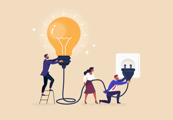 Fototapete - Business Connection Concept. Vector cartoon flat illustration of a group of diverse people successfully connecting a light bulb to an electrical outlet. Isolated on background.