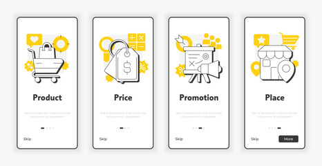 Wall Mural - four p marketing mix mobile onboarding screen. products and services promotion ux ui illustration. f