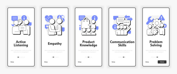 Wall Mural - salesperson essential skills mobile onboarding screen. retail and customer service ux ui illustratio