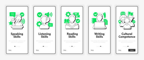 Wall Mural - language learning competences mobile onboarding screen. speaking, reading skills ux ui illustration.