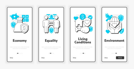 Wall Mural - pillars of inclusive growth index mobile onboarding screen. supporting equality ux ui illustration. 