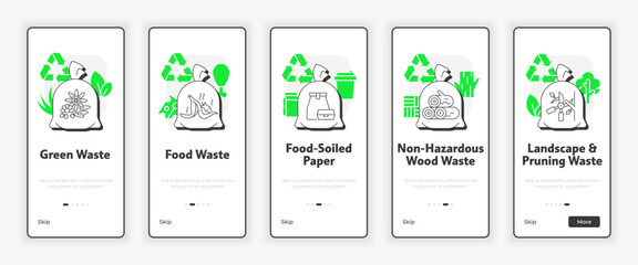 Wall Mural - organic waste types mobile onboarding screen. green, food, non hazardous wood waste ux ui illustrati