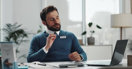 Poster - Man, therapist and virtual discussion on laptop for online meeting or telehealth at office. Male person, counselor or health worker talking on computer for advice, communication or help at workplace