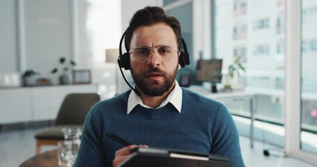 Aufkleber - Clipboard, counseling and writing with telehealth professional in office for psychology session. Headset, mental health and video call with therapist man speaking to online patient for feedback