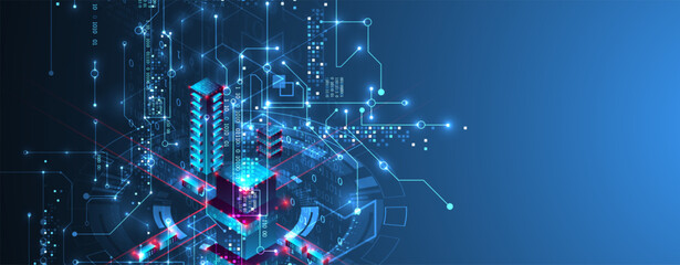 Poster - Digital circuit visualization vector background.  Blue board pattern with interconnected lines, nodes, and binary code.