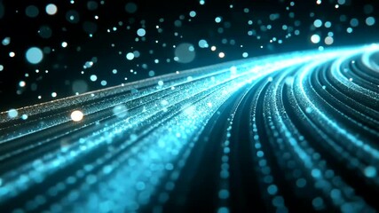 A network of radiant blue light trails and bokeh on a dark background creates a sense of digital pathway or cosmic flow
