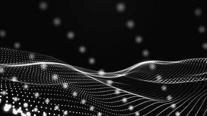 Wall Mural - Abstract background with dynamic black and white wave. Futuristic dotted wave of bright particles on dark background. Weave effect. Background for presentation design.