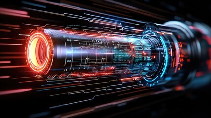Wall Mural - futuristic data stream: high-tech cylinder with neon lights and digital code