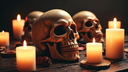 Poster - Eerie Skulls Illuminated by Candles in a Dark Mysterious Setting