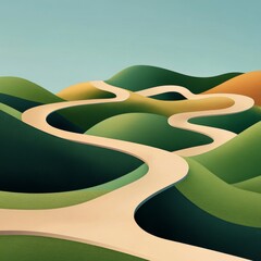 winding road landscape stylized hills and sky, minimalist , nature art