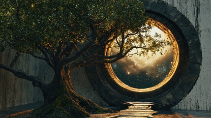Wall Mural - Mysterious tree with branches growing through portals to alternate realms in enchanted forest digital art