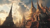 Ancient temples and spires at sunset ayutthaya photography historical wide angle cultural heritage