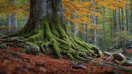 Canvas Print - moss-covered tree roots stand out in a forest, blending nature's age and autumn's touch in a landsca